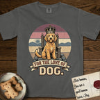 For the Love of Dog Goldendoodle T-Shirt flat lay in Pepper, featuring a vintage badge of a crowned Goldendoodle seated on a throne.