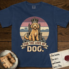 For the Love of Dog Goldendoodle T-Shirt flat lay in True Navy, featuring a vintage badge of a crowned Goldendoodle seated on a throne.