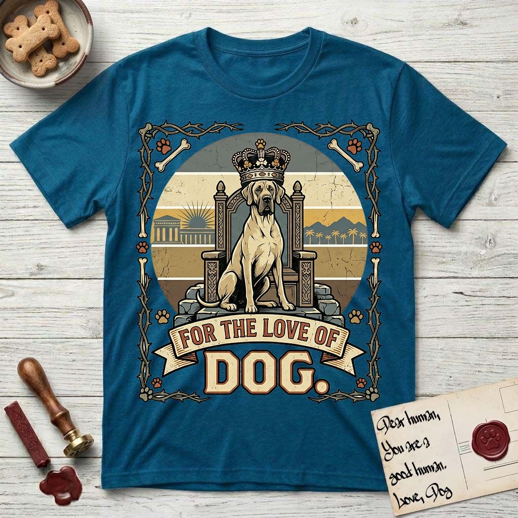 For the Love of Dog Great Dane T-Shirt flat lay in Antique Sapphire, featuring a vintage badge of a crowned Great Dane seated on a throne.