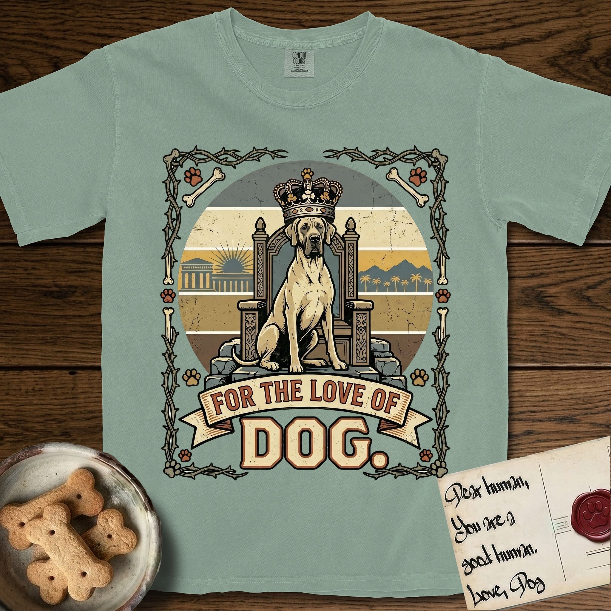 For the Love of Dog Great Dane T-Shirt flat lay in Bay, featuring a vintage badge of a crowned Great Dane seated on a throne.