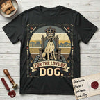 For the Love of Dog Great Dane T-Shirt flat lay in Black, featuring a vintage badge of a crowned Great Dane seated on a throne.