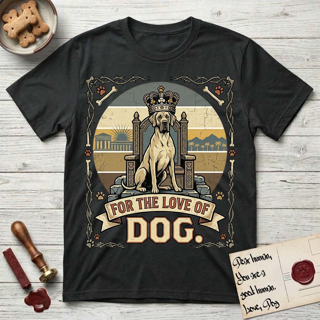 For the Love of Dog Great Dane T-Shirt flat lay in Black, featuring a vintage badge of a crowned Great Dane seated on a throne.