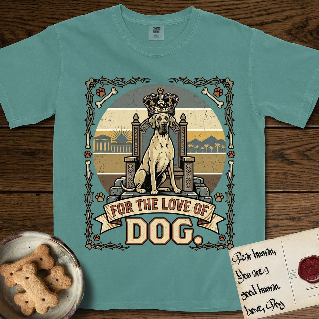 For the Love of Dog Great Dane T-Shirt flat lay in Blue Spruce, featuring a vintage badge of a crowned Great Dane seated on a throne.
