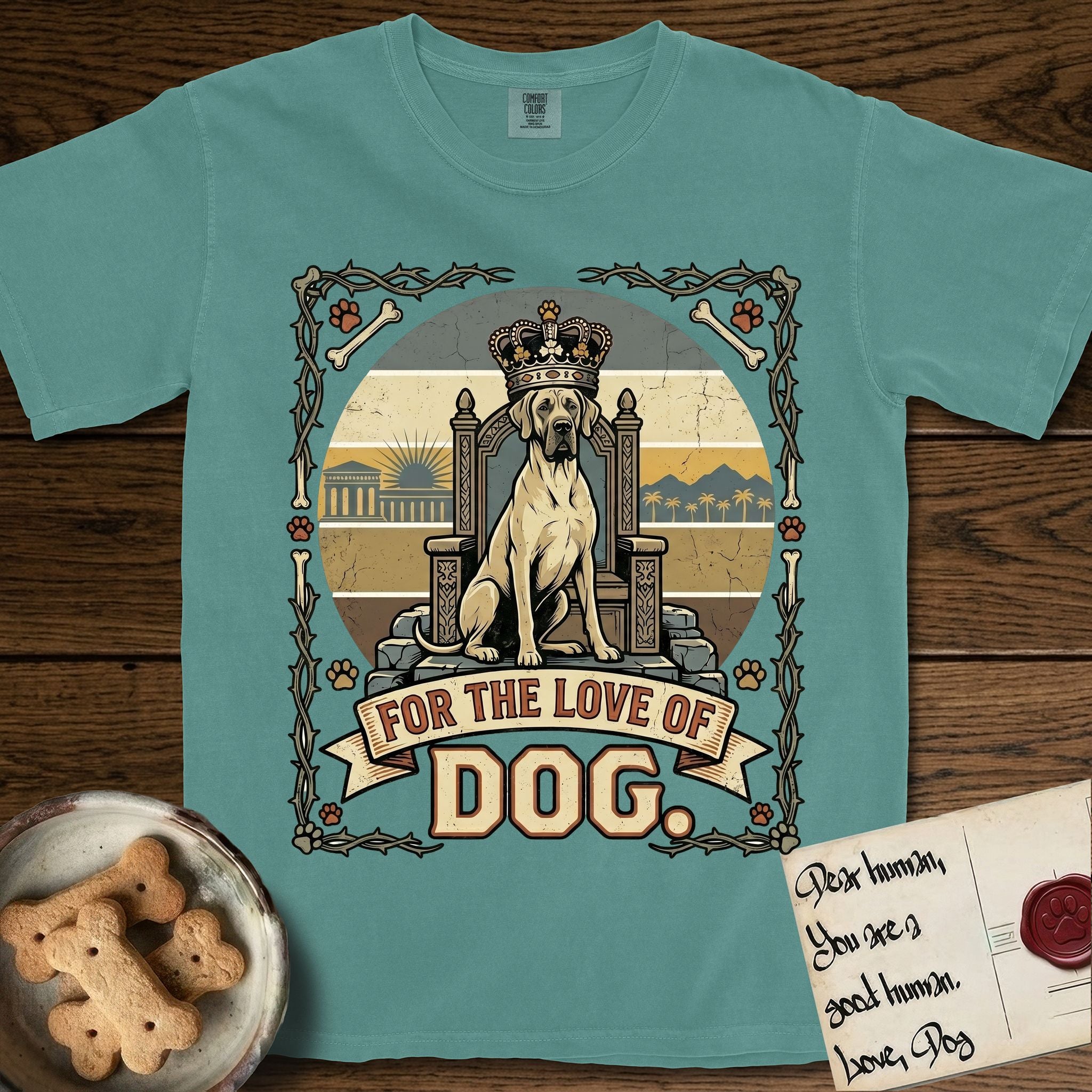 For the Love of Dog Great Dane T-Shirt flat lay in Blue Spruce, featuring a vintage badge of a crowned Great Dane seated on a throne.