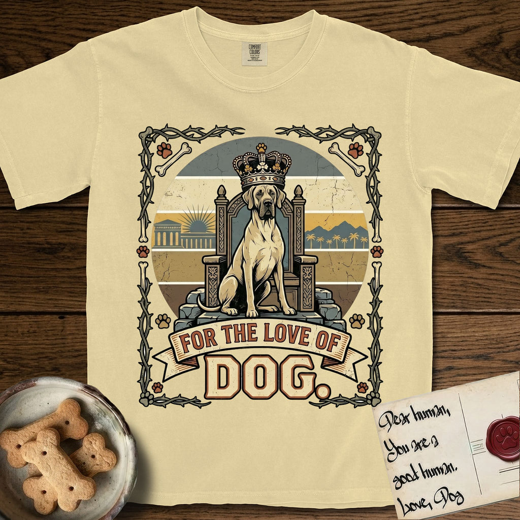 For the Love of Dog Great Dane T-Shirt flat lay in Butter, featuring a vintage badge of a crowned Great Dane seated on a throne.