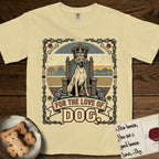 For the Love of Dog Great Dane T-Shirt flat lay in Butter, featuring a vintage badge of a crowned Great Dane seated on a throne.