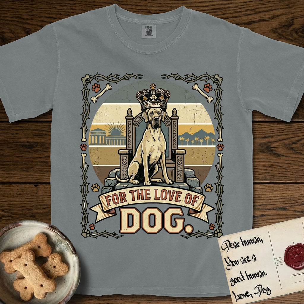 For the Love of Dog Great Dane T-Shirt flat lay in Granite, featuring a vintage badge of a crowned Great Dane seated on a throne.