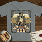 For the Love of Dog Great Dane T-Shirt flat lay in Granite, featuring a vintage badge of a crowned Great Dane seated on a throne.