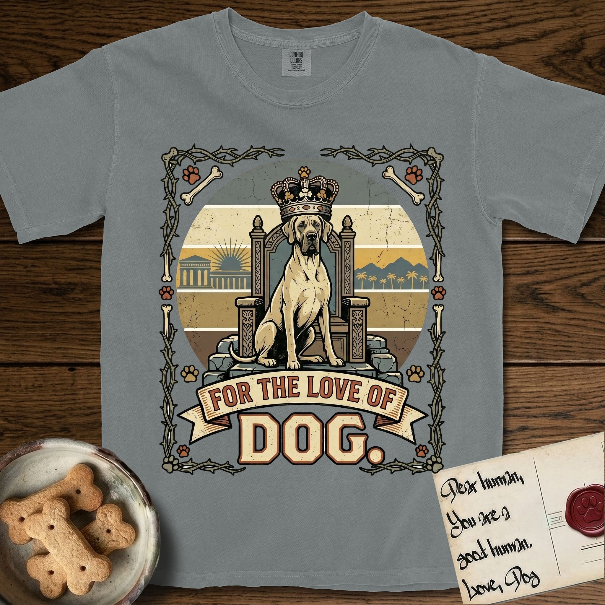 For the Love of Dog Great Dane T-Shirt flat lay in Granite, featuring a vintage badge of a crowned Great Dane seated on a throne.