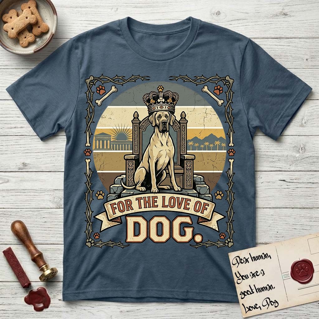 For the Love of Dog Great Dane T-Shirt flat lay in Indigo Blue, featuring a vintage badge of a crowned Great Dane seated on a throne.