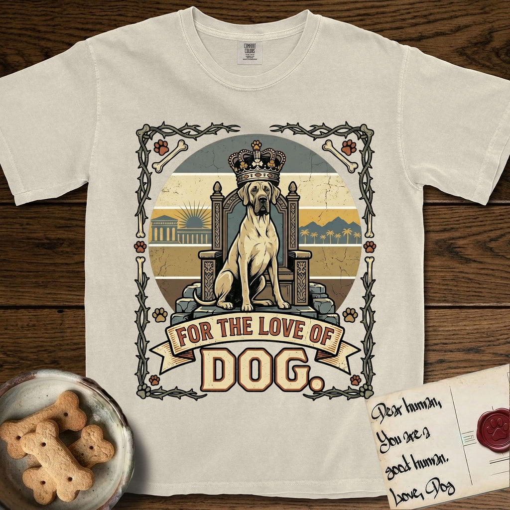 For the Love of Dog Great Dane T-Shirt flat lay in Ivory, featuring a vintage badge of a crowned Great Dane seated on a throne.