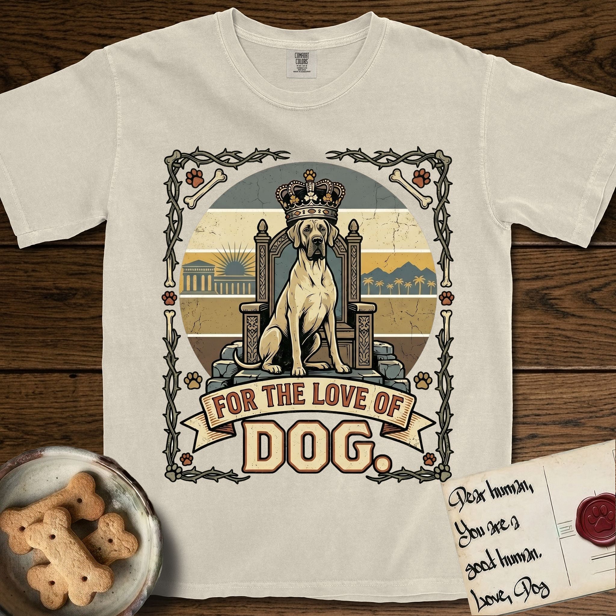 For the Love of Dog Great Dane T-Shirt flat lay in Ivory, featuring a vintage badge of a crowned Great Dane seated on a throne.