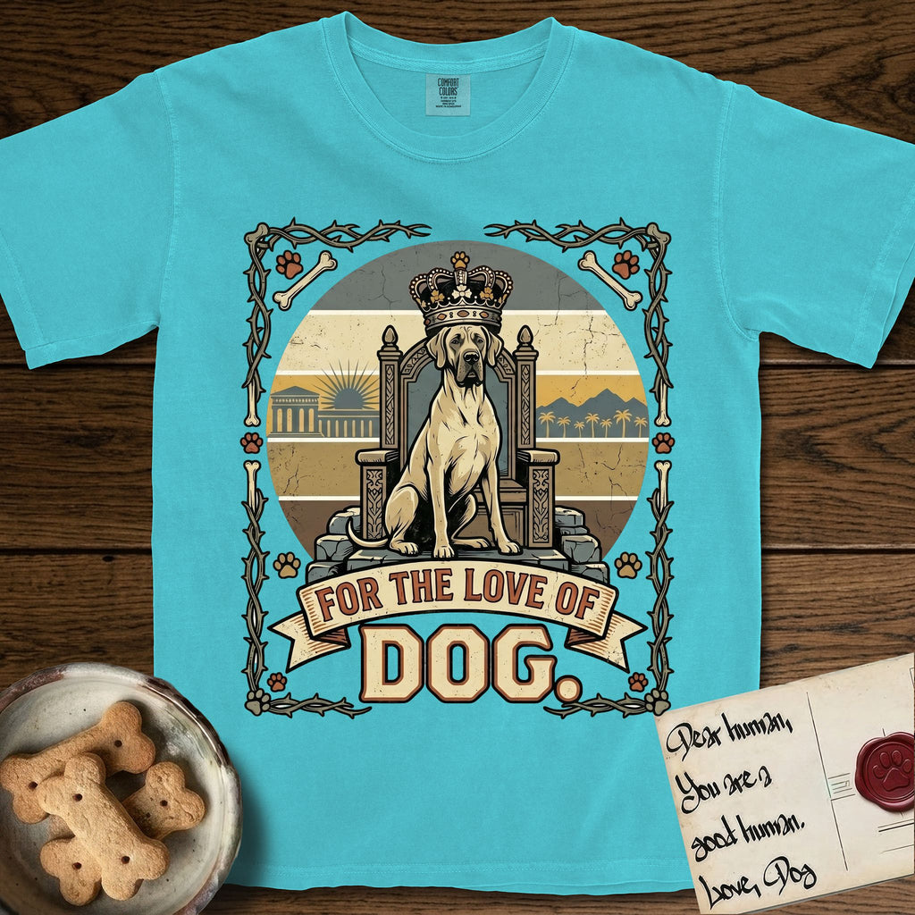 For the Love of Dog Great Dane T-Shirt flat lay in Lagoon Blue, featuring a vintage badge of a crowned Great Dane seated on a throne.