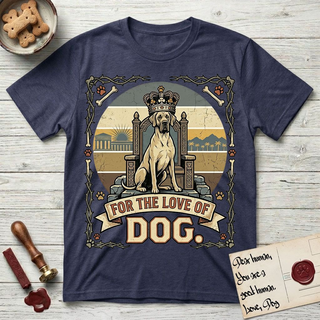 For the Love of Dog Great Dane T-Shirt flat lay in Navy, featuring a vintage badge of a crowned Great Dane seated on a throne.