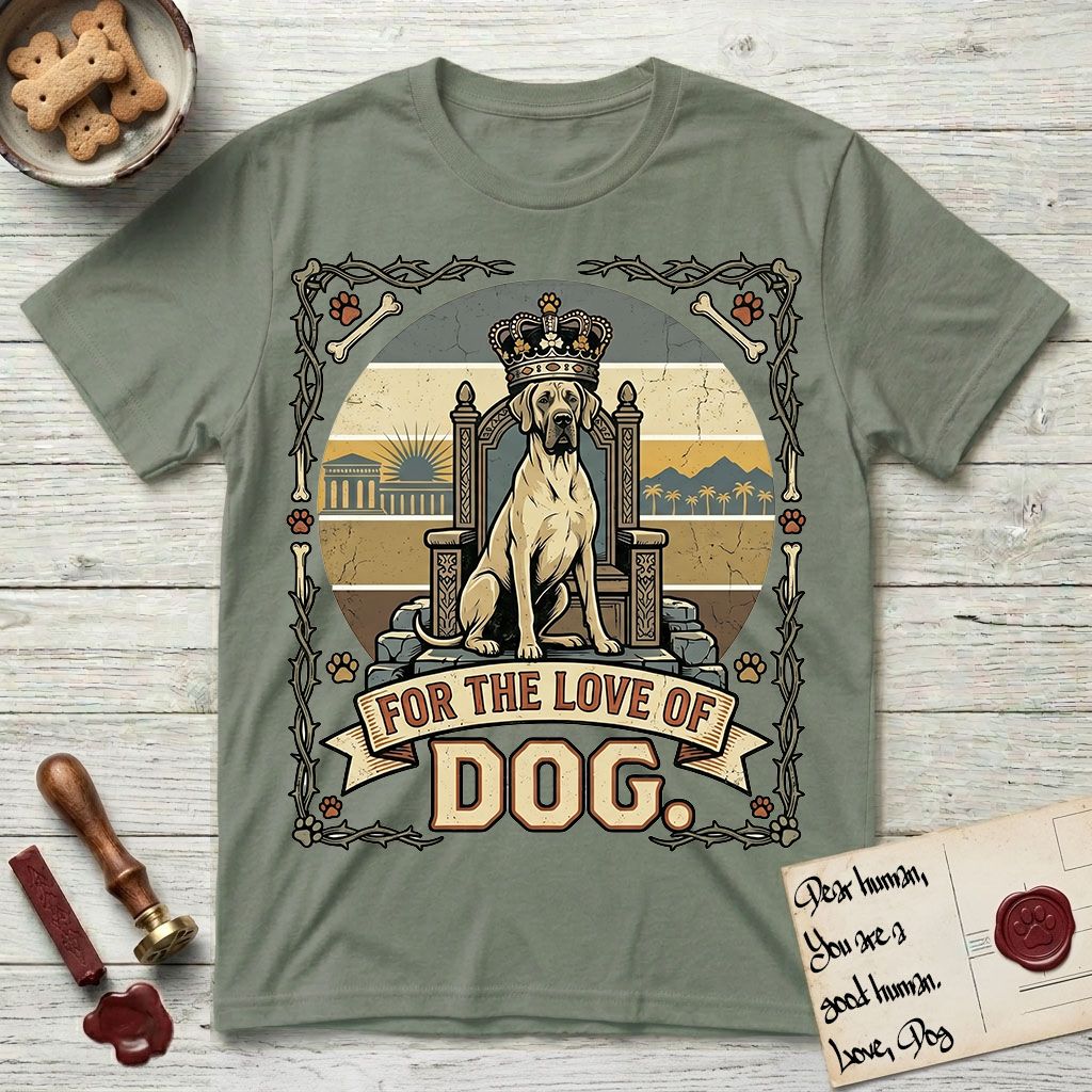 For the Love of Dog Great Dane T-Shirt flat lay in Sage, featuring a vintage badge of a crowned Great Dane seated on a throne.