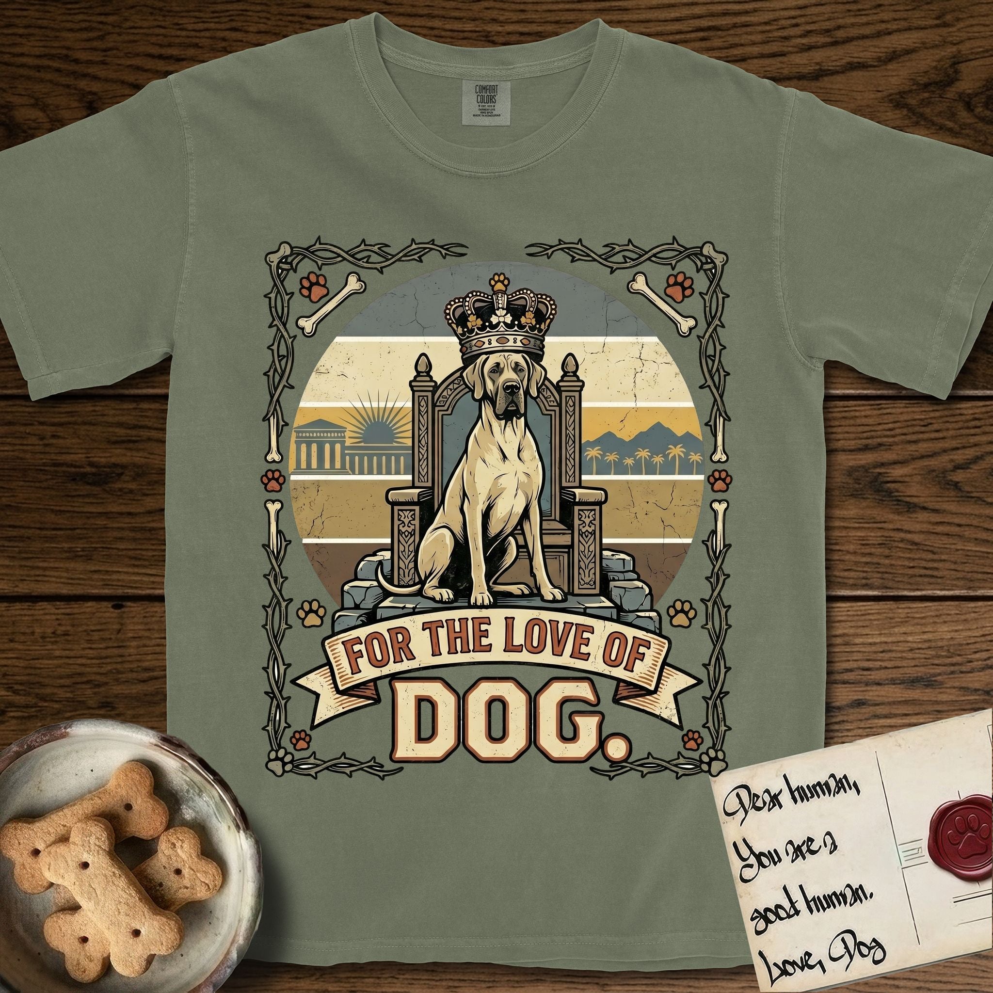 For the Love of Dog Great Dane T-Shirt flat lay in Sage, featuring a vintage badge of a crowned Great Dane seated on a throne.