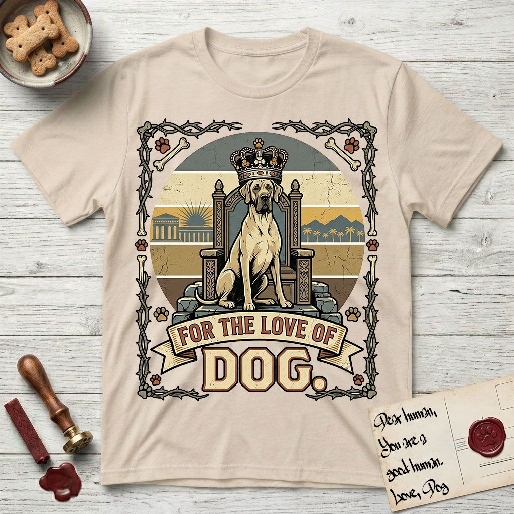 For the Love of Dog Great Dane T-Shirt flat lay in Sand, featuring a vintage badge of a crowned Great Dane seated on a throne.