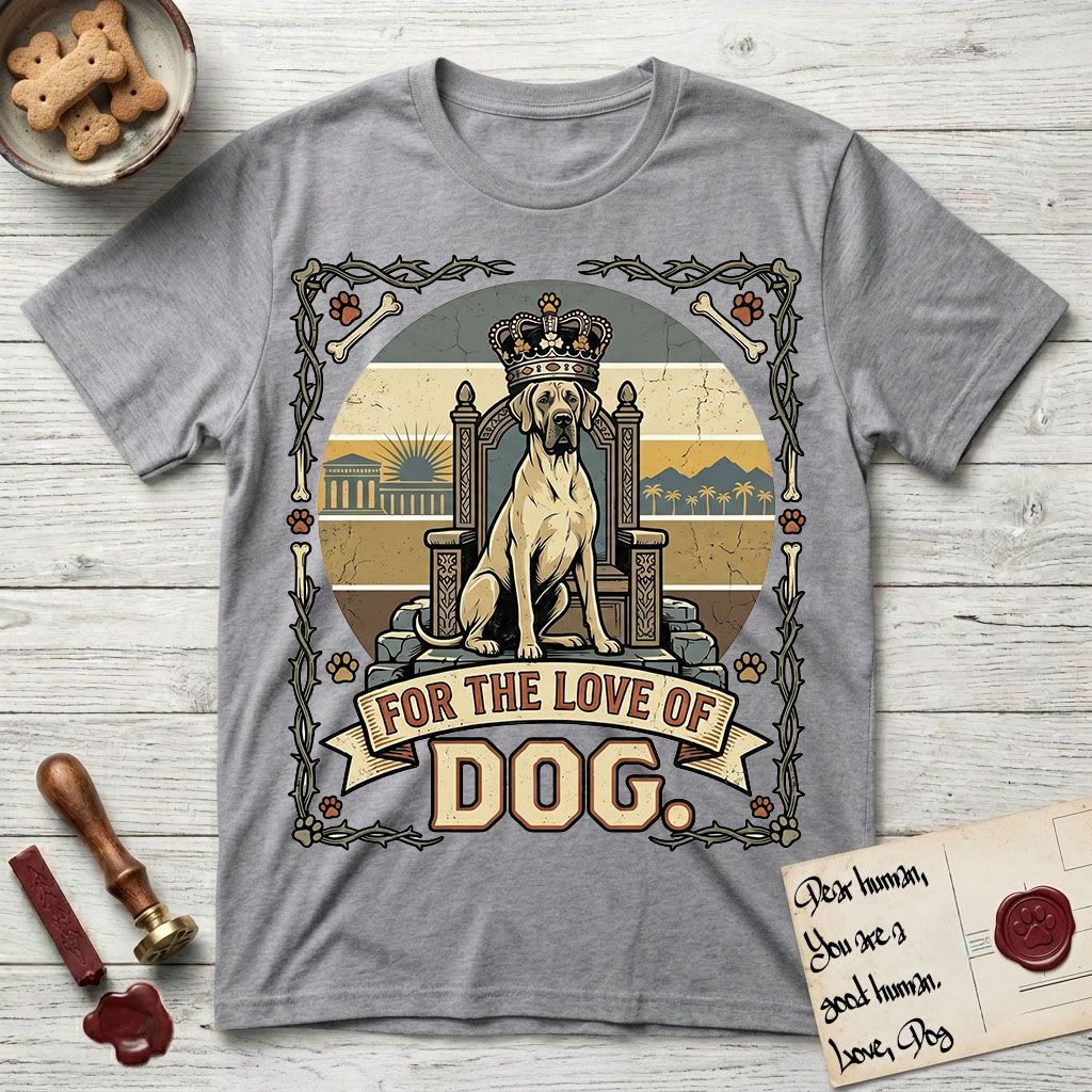 For the Love of Dog Great Dane T-Shirt flat lay in Sport Grey, featuring a vintage badge of a crowned Great Dane seated on a throne.
