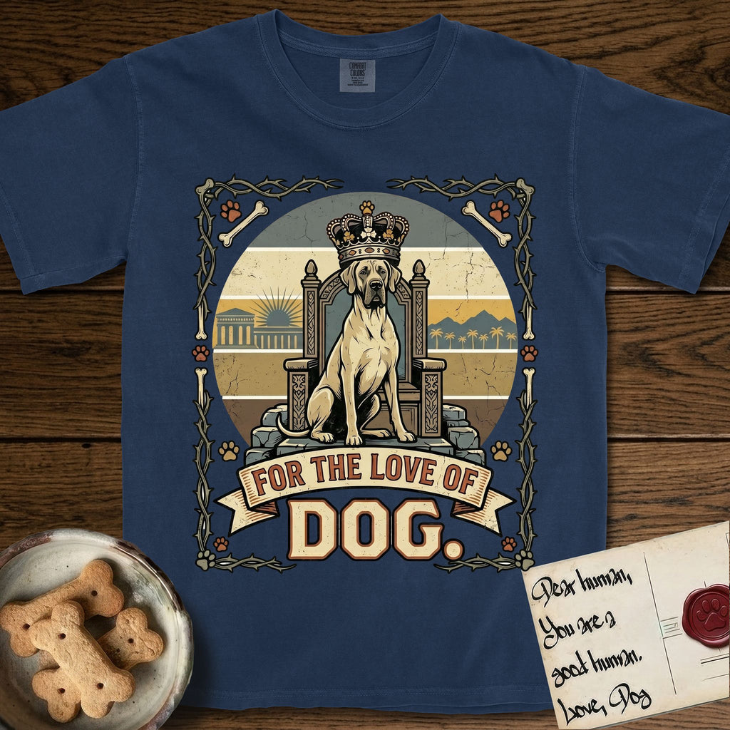 For the Love of Dog Great Dane T-Shirt flat lay in True Navy, featuring a vintage badge of a crowned Great Dane seated on a throne.