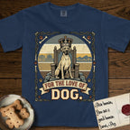 For the Love of Dog Great Dane T-Shirt flat lay in True Navy, featuring a vintage badge of a crowned Great Dane seated on a throne.