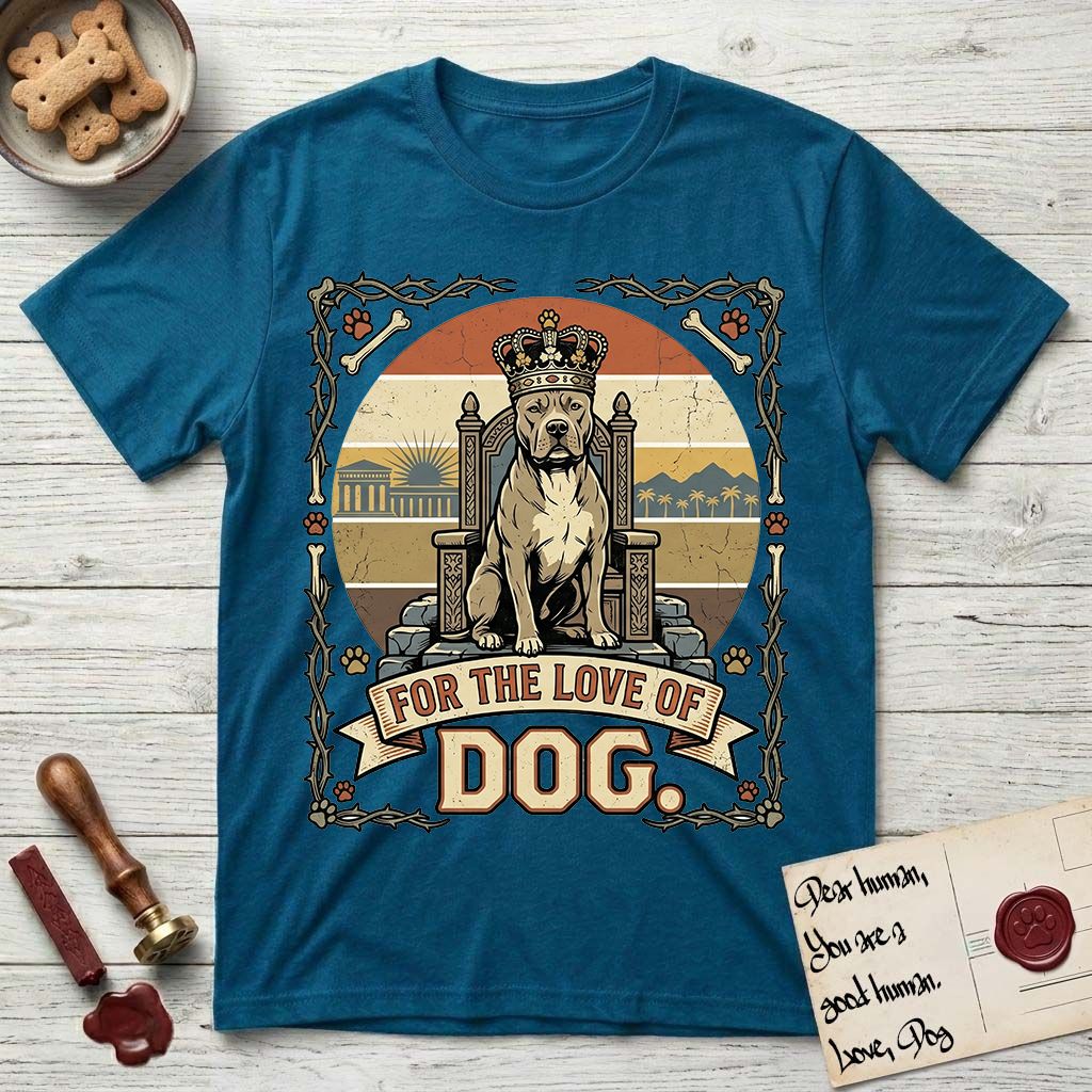 For the Love of Dog Pitbull T-Shirt flat lay in Antique Sapphire, featuring a vintage badge of a crowned Pitbull seated on a throne.
