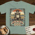 For the Love of Dog Pitbull T-Shirt flat lay in Bay, featuring a vintage badge of a crowned Pitbull seated on a throne.