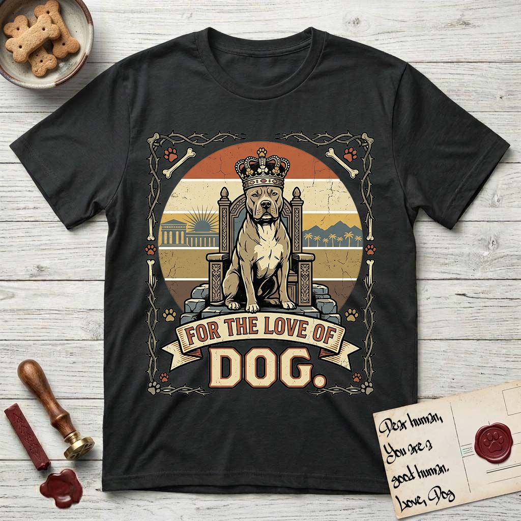 For the Love of Dog Pitbull T-Shirt flat lay in Black, featuring a vintage badge of a crowned Pitbull seated on a throne.