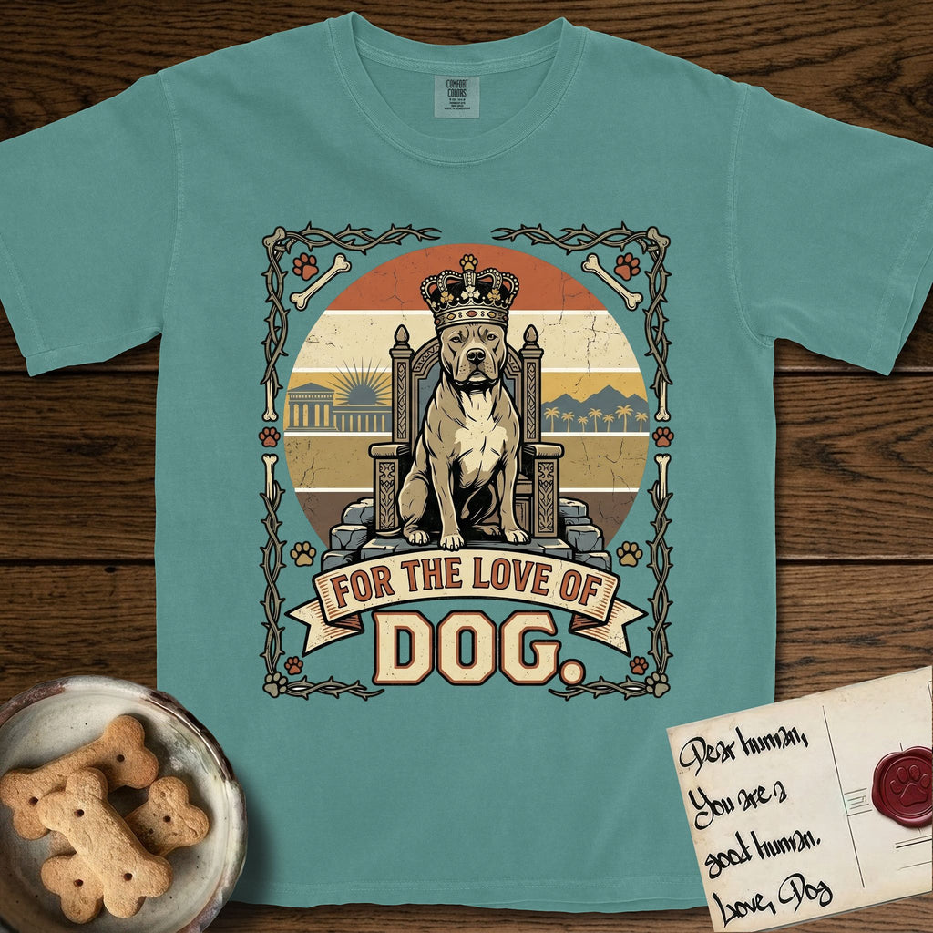 For the Love of Dog Pitbull T-Shirt flat lay in Blue Spruce, featuring a vintage badge of a crowned Pitbull seated on a throne.