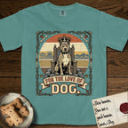 For the Love of Dog Pitbull T-Shirt flat lay in Blue Spruce, featuring a vintage badge of a crowned Pitbull seated on a throne.