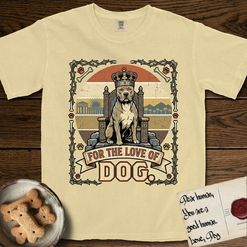 For the Love of Dog Pitbull T-Shirt flat lay in Butter, featuring a vintage badge of a crowned Pitbull seated on a throne.