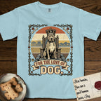 For the Love of Dog Pitbull T-Shirt flat lay in Chambray, featuring a vintage badge of a crowned Pitbull seated on a throne.
