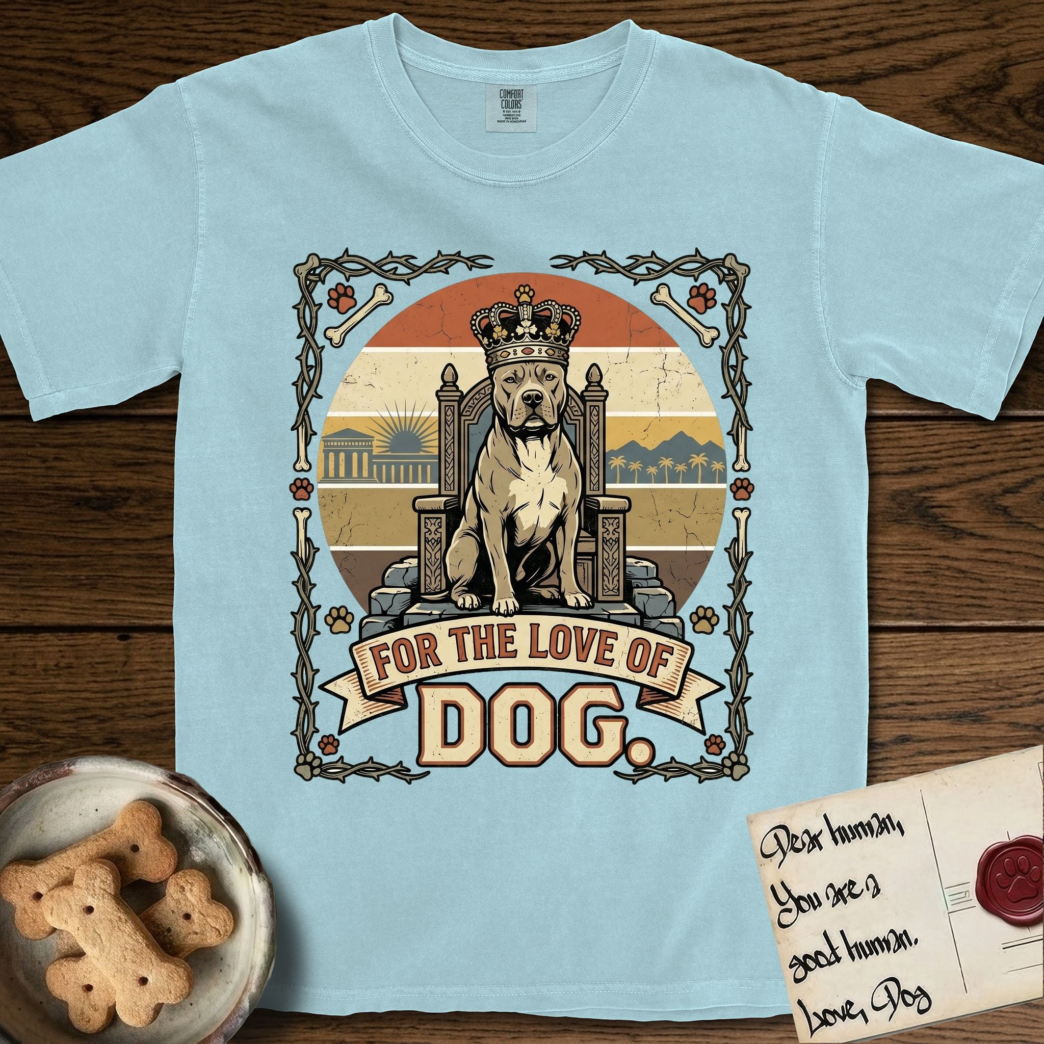 For the Love of Dog Pitbull T-Shirt flat lay in Chambray, featuring a vintage badge of a crowned Pitbull seated on a throne.