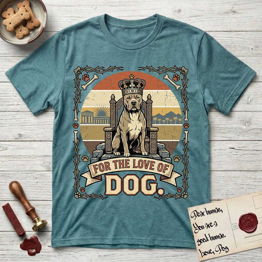 For the Love of Dog Pitbull T-Shirt flat lay in Heather Galapagos Blue, featuring a vintage badge of a crowned Pitbull seated on a throne.
