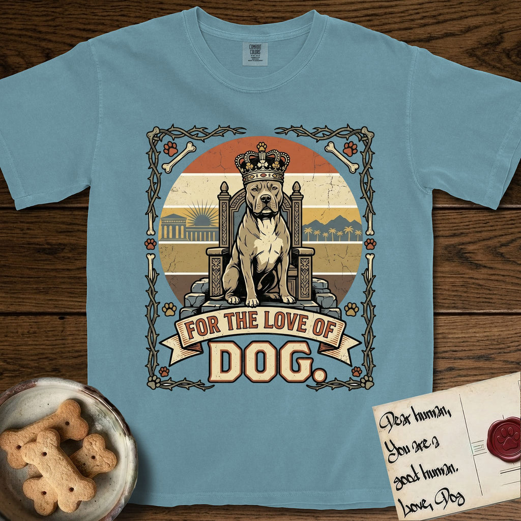 For the Love of Dog Pitbull T-Shirt flat lay in Ice Blue, featuring a vintage badge of a crowned Pitbull seated on a throne.