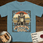 For the Love of Dog Pitbull T-Shirt flat lay in Ice Blue, featuring a vintage badge of a crowned Pitbull seated on a throne.