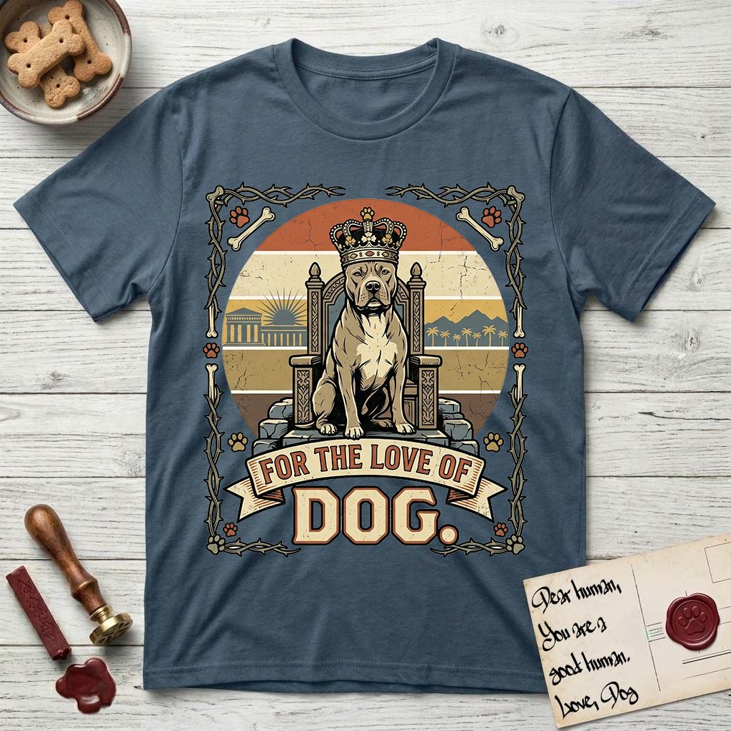 For the Love of Dog Pitbull T-Shirt flat lay in Indigo Blue, featuring a vintage badge of a crowned Pitbull seated on a throne.
