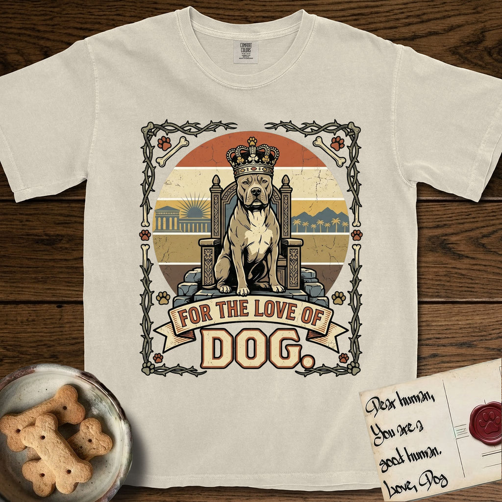 For the Love of Dog Pitbull T-Shirt flat lay in Ivory, featuring a vintage badge of a crowned Pitbull seated on a throne.