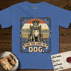 For the Love of Dog Pitbull T-Shirt flat lay in Mystic Blue, featuring a vintage badge of a crowned Pitbull seated on a throne.