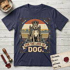 For the Love of Dog Pitbull T-Shirt flat lay in Navy, featuring a vintage badge of a crowned Pitbull seated on a throne.