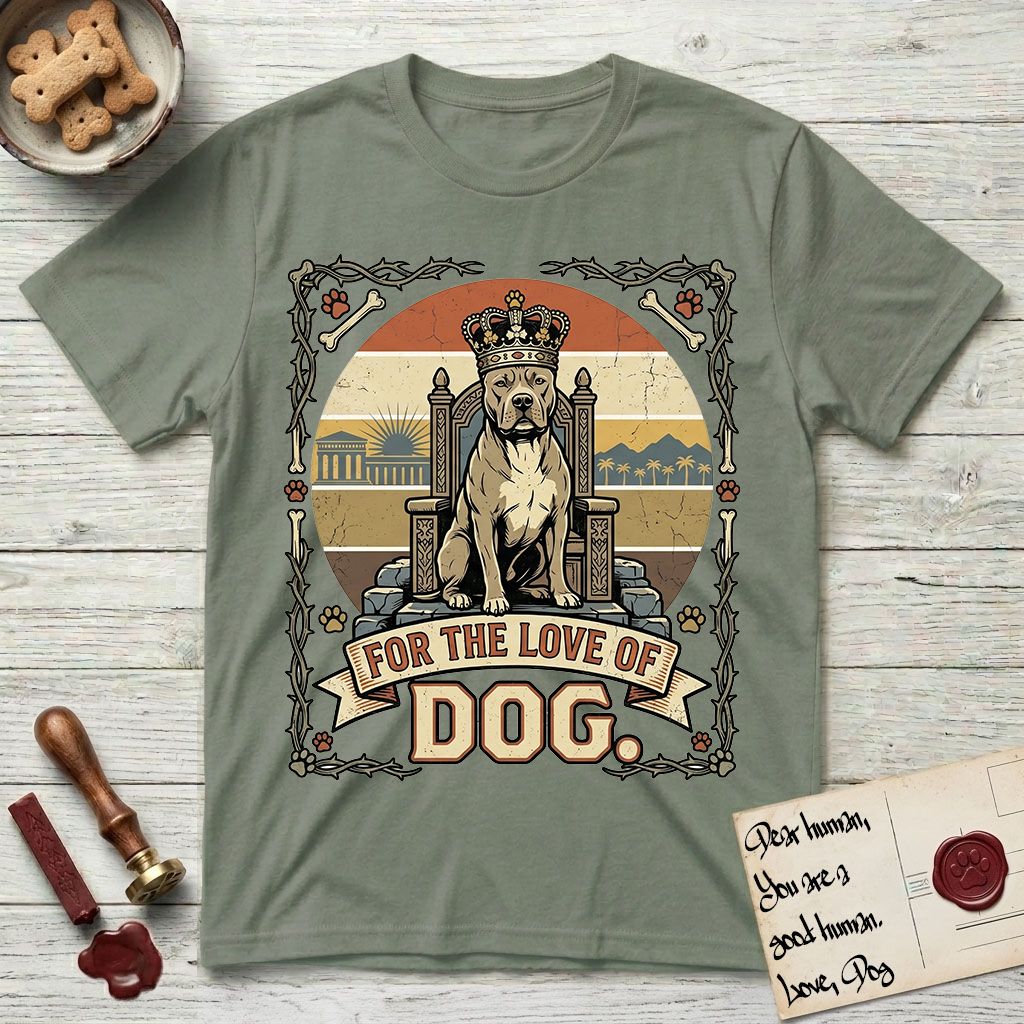 For the Love of Dog Pitbull T-Shirt flat lay in Sage, featuring a vintage badge of a crowned Pitbull seated on a throne.