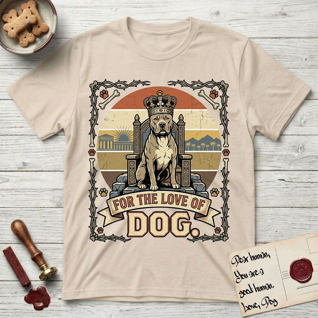 For the Love of Dog Pitbull T-Shirt flat lay in Sand, featuring a vintage badge of a crowned Pitbull seated on a throne.