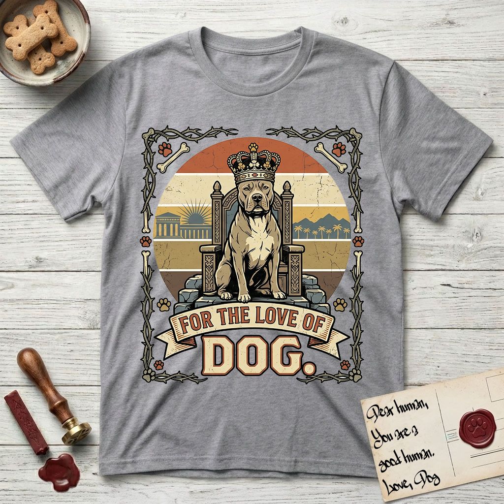 For the Love of Dog Pitbull T-Shirt flat lay in Sport Grey, featuring a vintage badge of a crowned Pitbull seated on a throne.