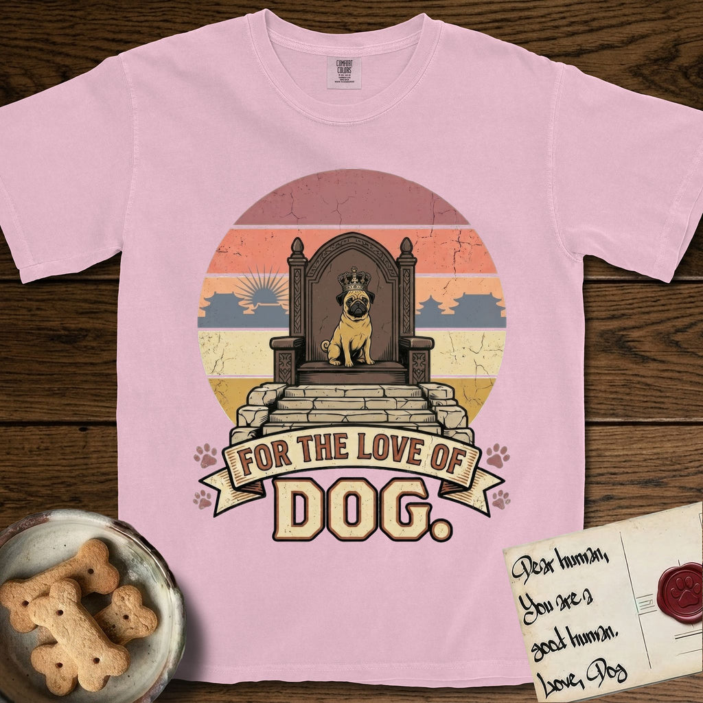 For the Love of Dog Pug T-Shirt flat lay in Blossom, featuring a vintage badge of a crowned Pug seated on a throne.