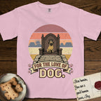 For the Love of Dog Pug T-Shirt flat lay in Blossom, featuring a vintage badge of a crowned Pug seated on a throne.