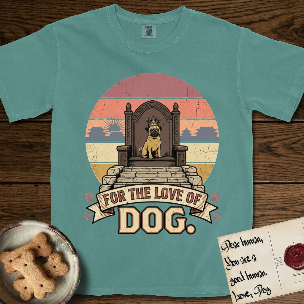 For the Love of Dog Pug T-Shirt flat lay in Blue Spruce, featuring a vintage badge of a crowned Pug seated on a throne.