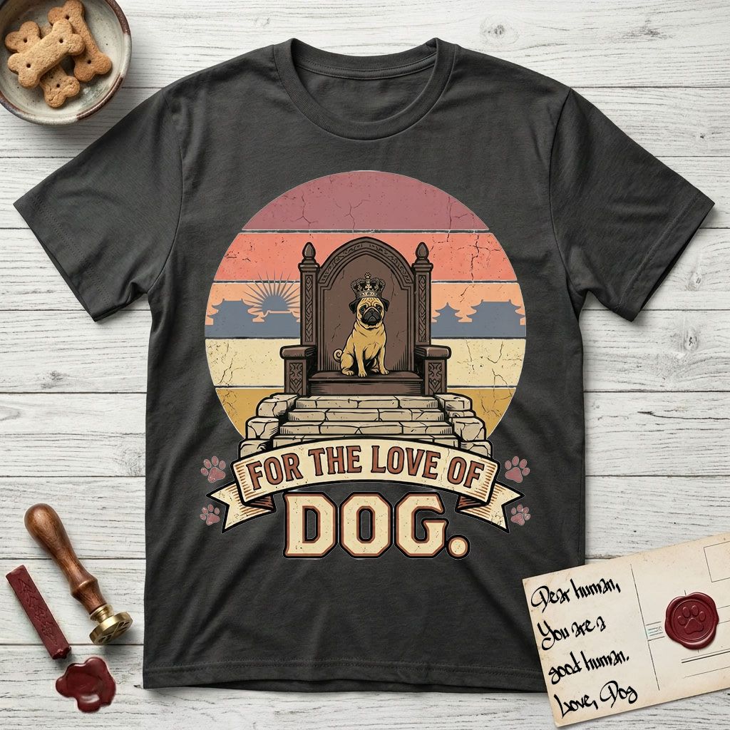 For the Love of Dog Pug T-Shirt flat lay in Charcoal, featuring a vintage badge of a crowned Pug seated on a throne.
