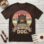 For the Love of Dog Pug T-Shirt flat lay in Dark Chocolate, featuring a vintage badge of a crowned Pug seated on a throne.
