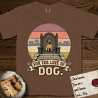For the Love of Dog Pug T-Shirt flat lay in Espresso, featuring a vintage badge of a crowned Pug seated on a throne.