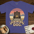For the Love of Dog Pug T-Shirt flat lay in Grape, featuring a vintage badge of a crowned Pug seated on a throne.