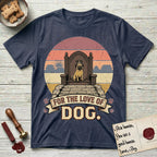 For the Love of Dog Pug T-Shirt flat lay in Heather Navy, featuring a vintage badge of a crowned Pug seated on a throne.
